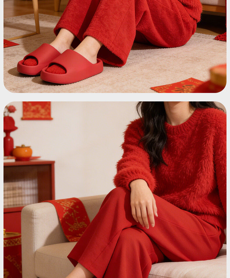 XGGC Red Slippers for the Year of Birth Women Indoor Home Non-Slip Couple Thick Sole Wedding Sandals Men Red 36-37 11