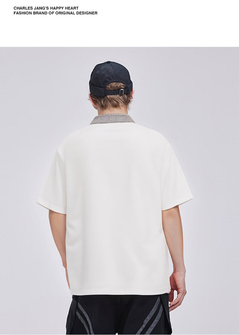 Charles Peach Heart Summer Small Heart Color-Block Breathable Cotton-Padded Couple Casual Unisex Short Sleeve Polo Shirt Off-White XS 12