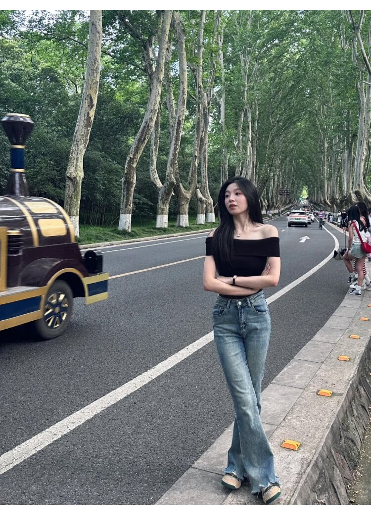 Shuangxing Women's Off-Shoulder Short Sleeve T-Shirt Summer New French Style Elegant Slim Fit Black L 9