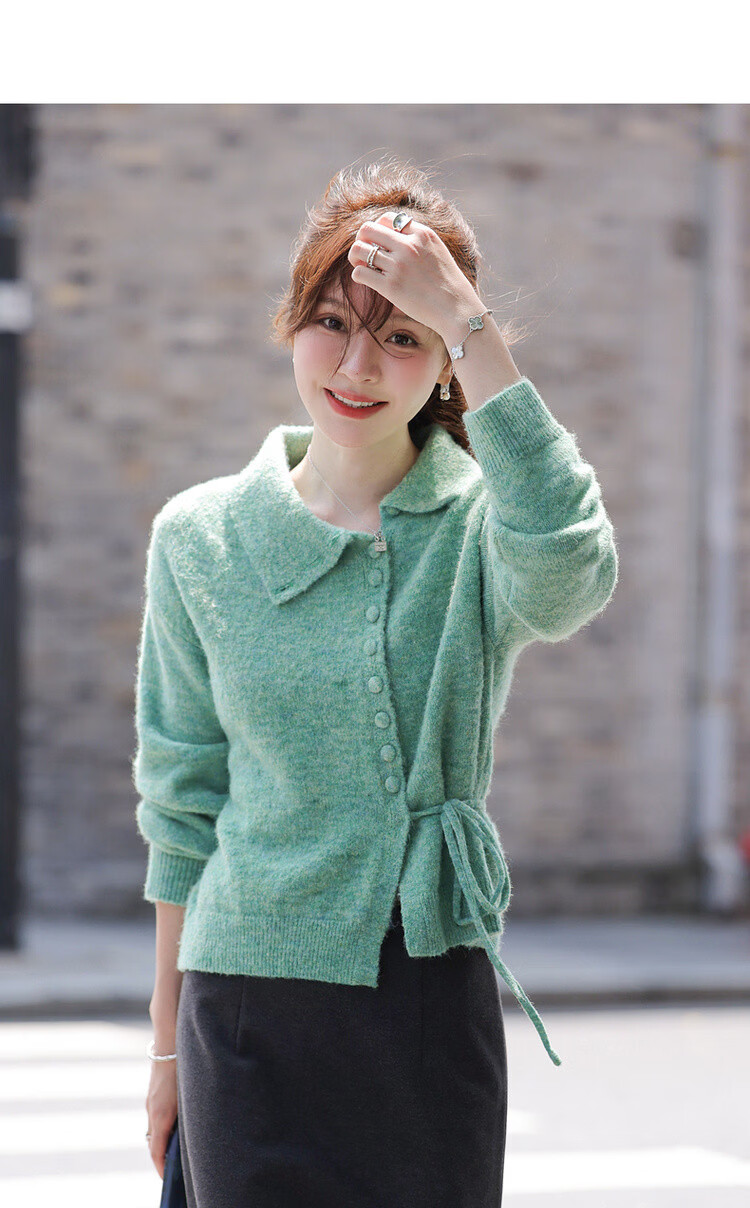 MT [Senya Between] Spring Fresh Side Lace-Up Asymmetric Lapel Cardigan Wool Blend Knit Sweater for Women 5