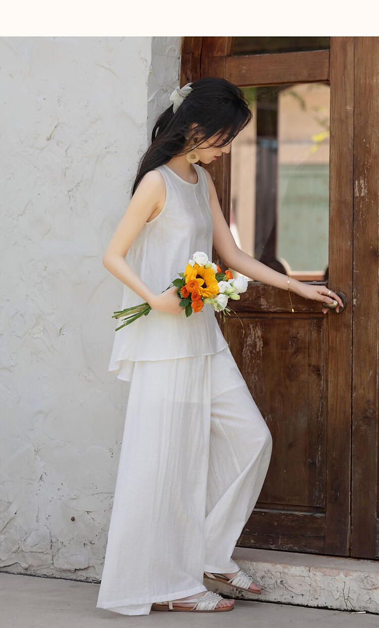 Demana [Simple Heart] Summer Cool Sensation Artistic Style Set Sleeveless Top Elastic Waist Casual Pants Two-Piece Set for Women 16