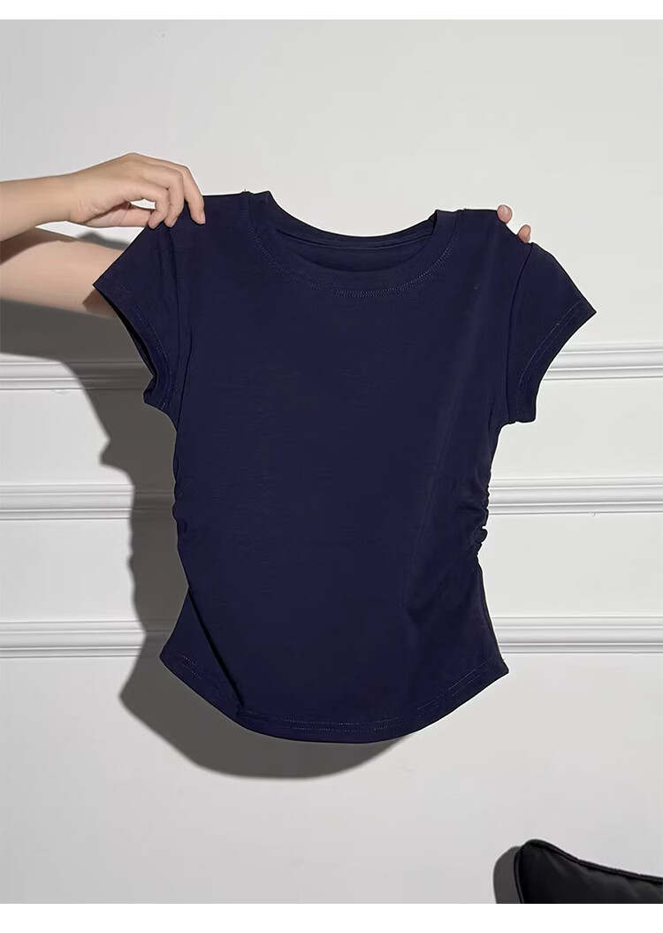 Shuangxing Women's Straight Shoulder Round Neck Short Sleeve T-Shirt Spring Summer 2026 New Design Pleated Waist Slim Top Black XL 9