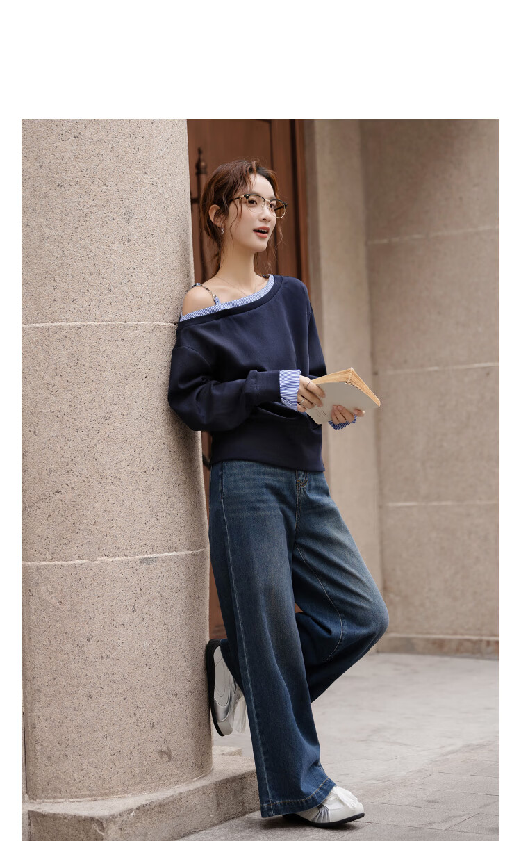 Demana Soft Air Layer Spring Design Asymmetric Shoulder Striped Patchwork Loose Petite Women's Sweatshirt 10