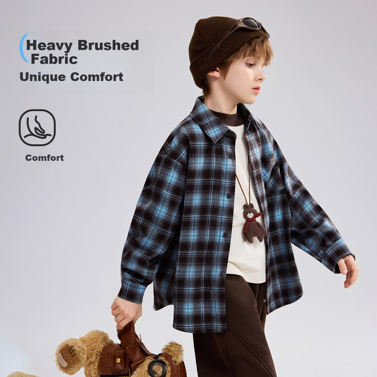 ASK JUNIOR Brushed Cotton Children's Shirt 2026 Spring Big Kids Plaid Contrast Collar Boys Jacket