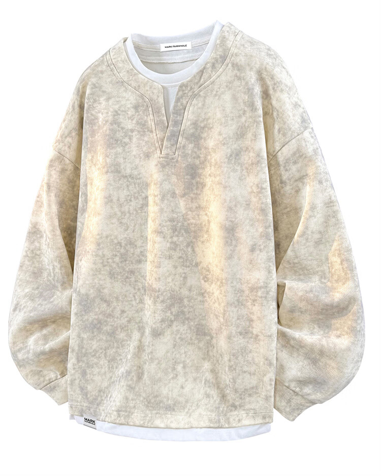 MARK FAIRWHALE Men's Hoodie Spring Autumn American Style Fake Two-Piece Tie-Dye Casual Base Shirt Khaki 3XL 2