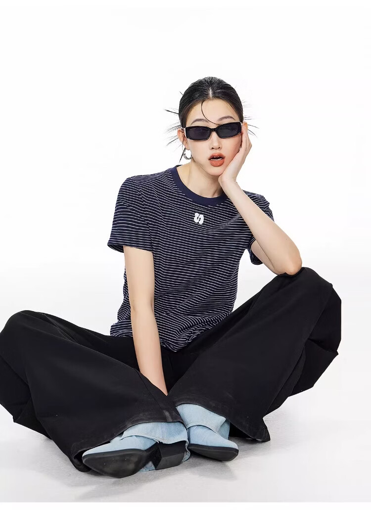 ICH MODE American Style Striped Slim Fit Short Sleeve T-Shirt for Women 2026 Summer New Hot Slim Shoulder Short Top White S 17
