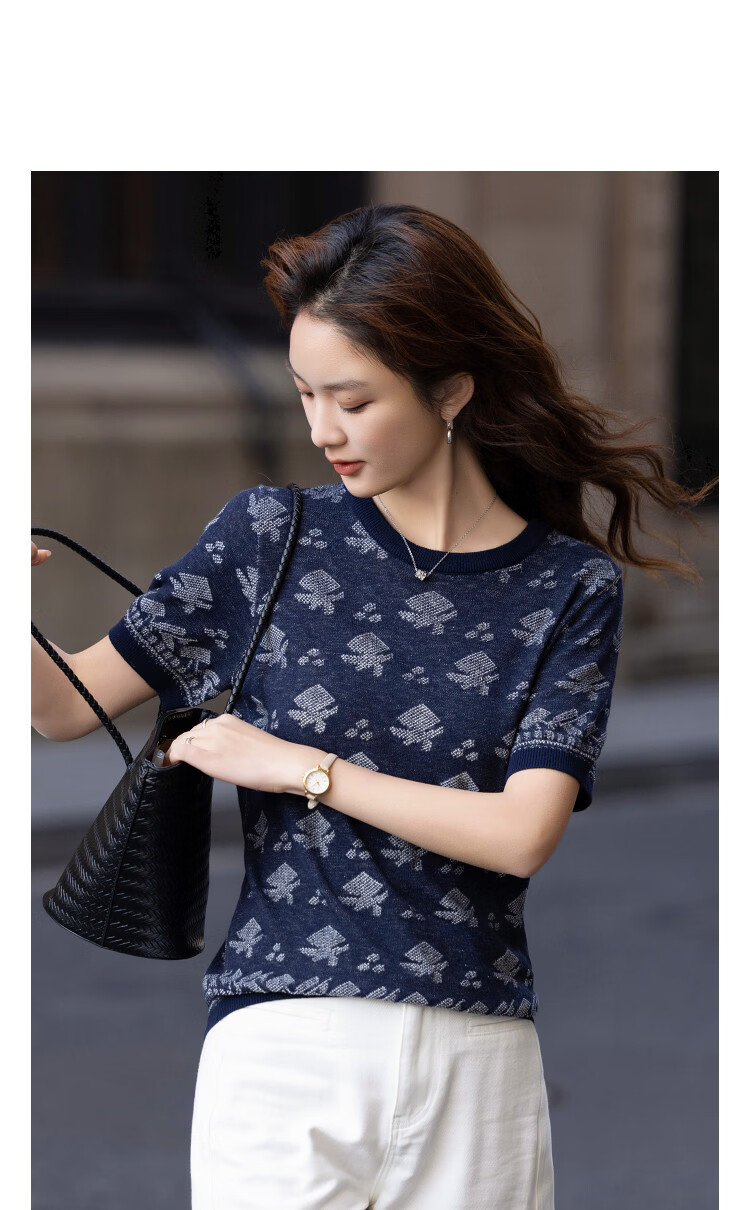 Demana Women's Vintage Spring Round Neck Colorblock Jacquard Knit Sweater with Mulberry Silk and Wool 11