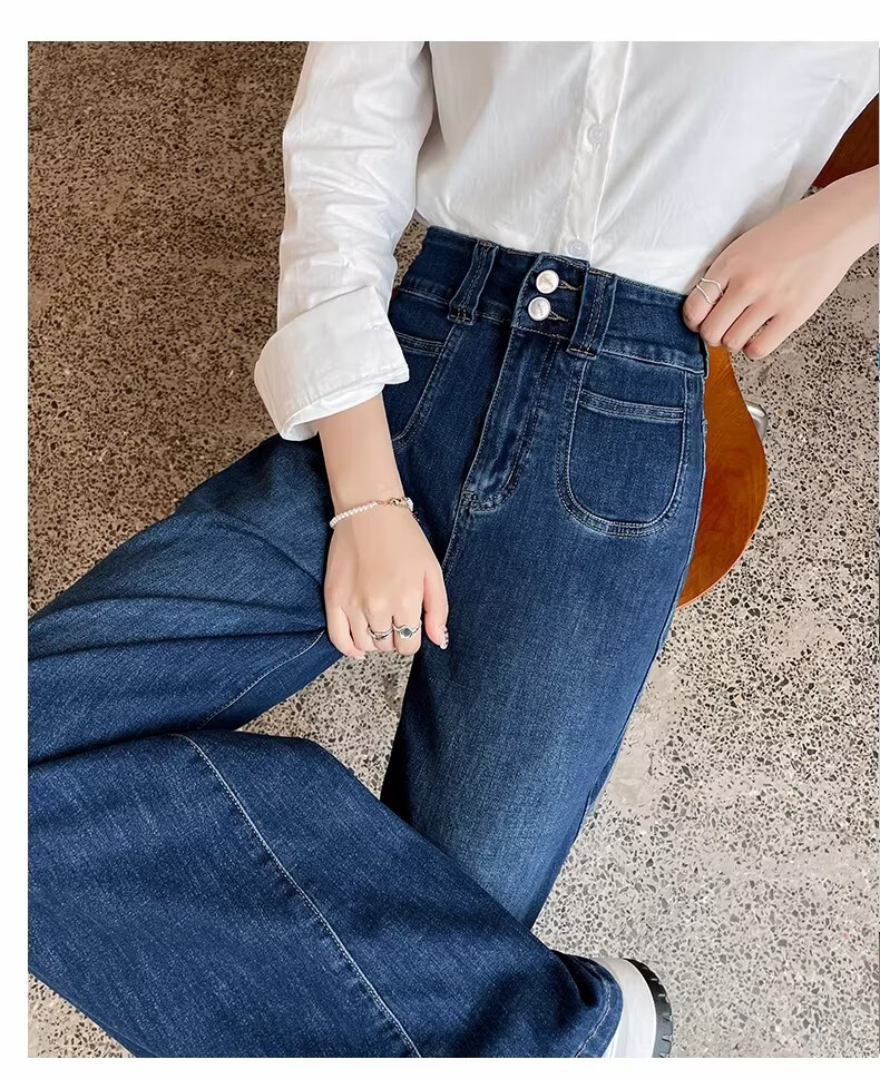 Langsha Women's Jeans 2026 New Retro High-Waist Wide-Leg Pants Slimming Double-Button Straight Micro-Flare Trousers for Petite 12
