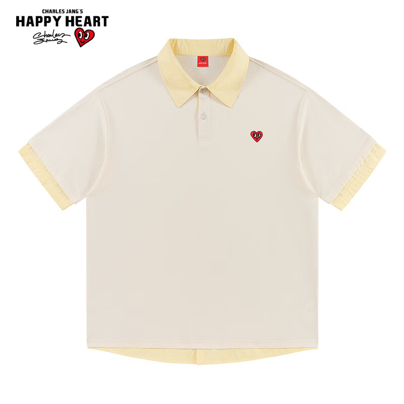 Charles Peach Heart American Style Trendy Fake Two-Piece Small Heart Pure Cotton Couple Casual Short Sleeve Polo Shirt Unisex Light Khaki XS