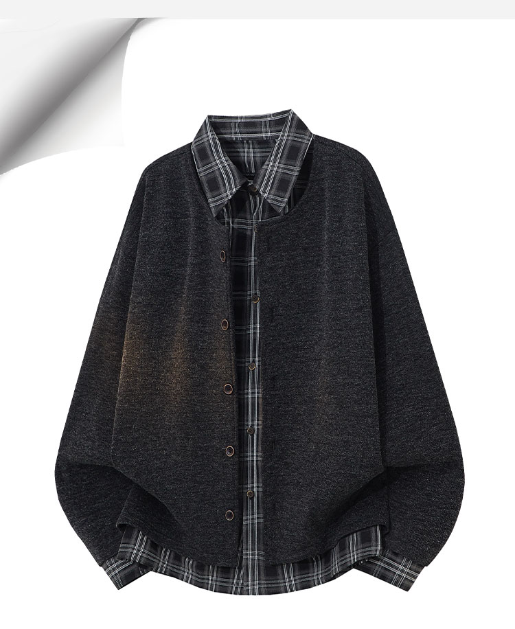 Homlean Plaid Patchwork Knitwear Old Money Style Fake Two-Piece Men's Spring Cardigan Loose Jacket HJ13 Black 2XL 2