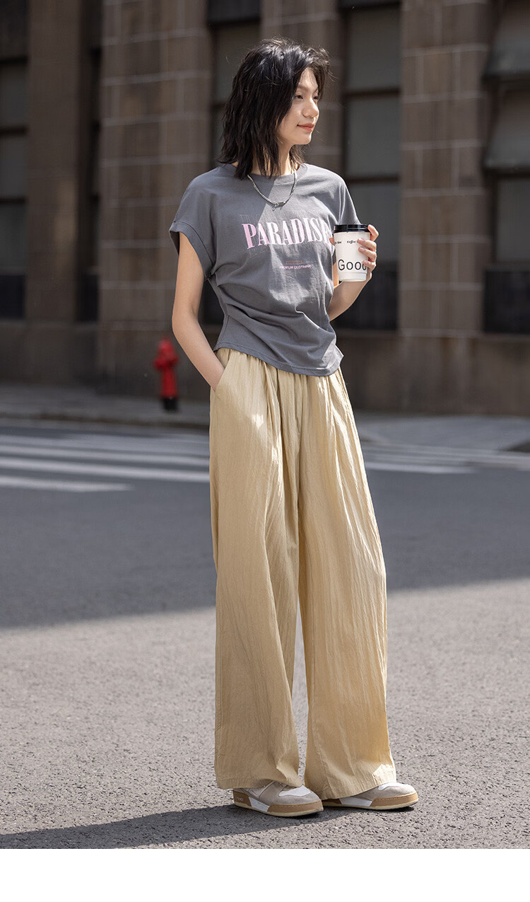 Demana Pleated Casual Pants Summer Loose Comfortable Elastic Waist Wide-Leg Long Pants for Women 25