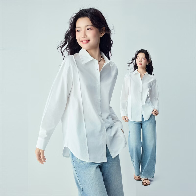 Giordano 2026 Spring New Pure Cotton Solid Color Distressed Loose Fit Casual Workwear Women's Long Sleeve Shirt 13346120