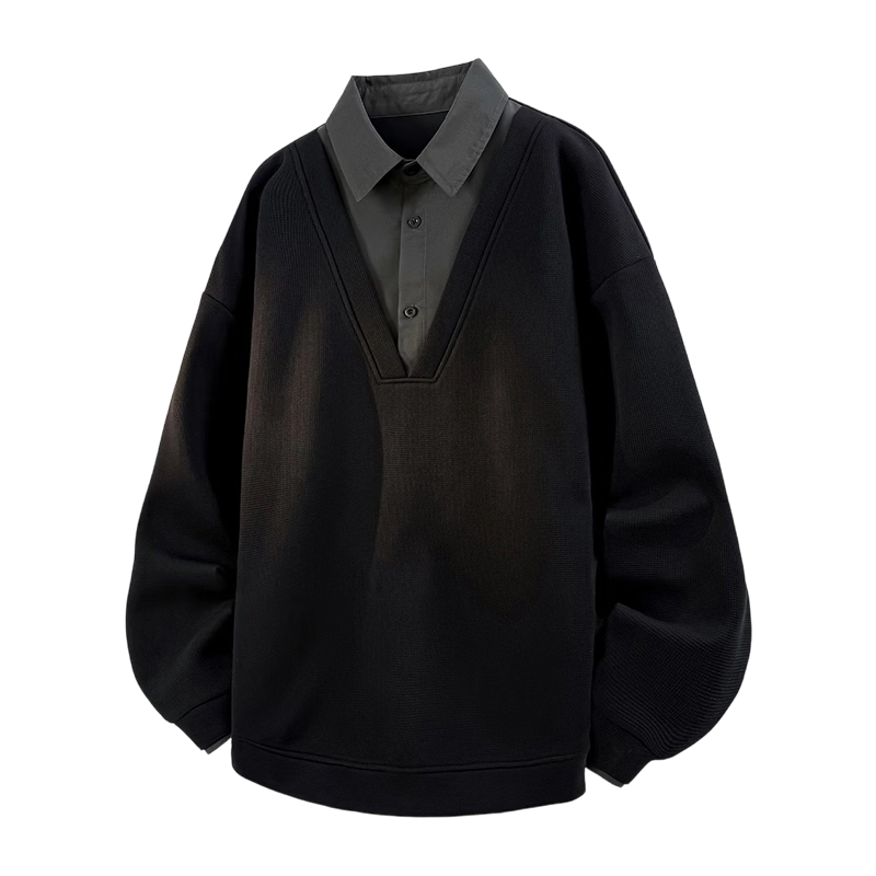 JEEP SPIRIT Men's Spring Casual Two-in-One Long Sleeve T-Shirt Shirt Collar Top Black 3XL