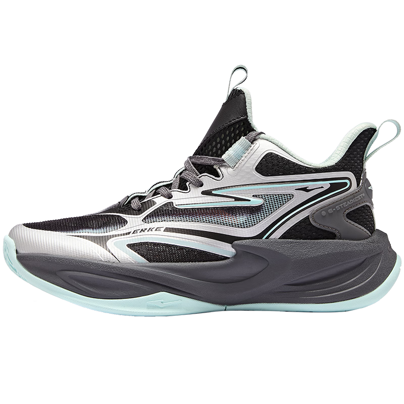 ERKE Kids Unisex Breathable Mesh Cushioning Basketball Shoes Lace-up Durable Sneakers Black/Silver Size 39