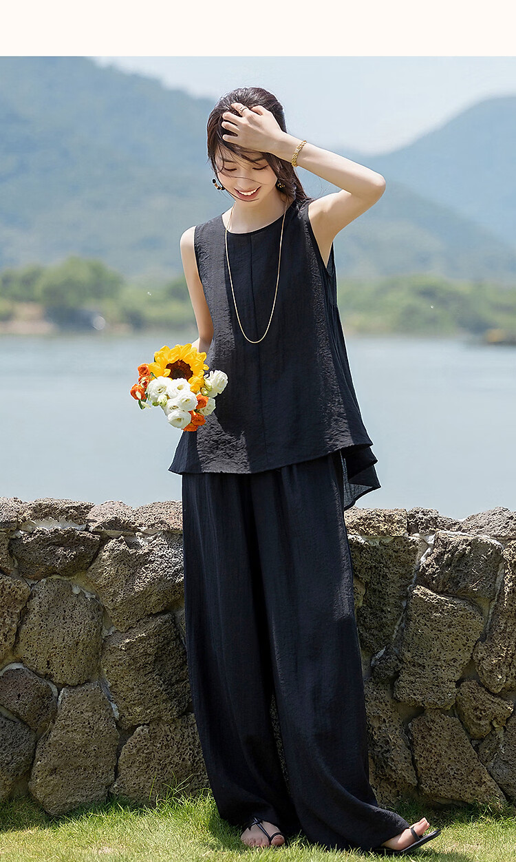 Demana [Simple Heart] Summer Cool Sensation Artistic Style Set Sleeveless Top Elastic Waist Casual Pants Two-Piece Set for Women 24