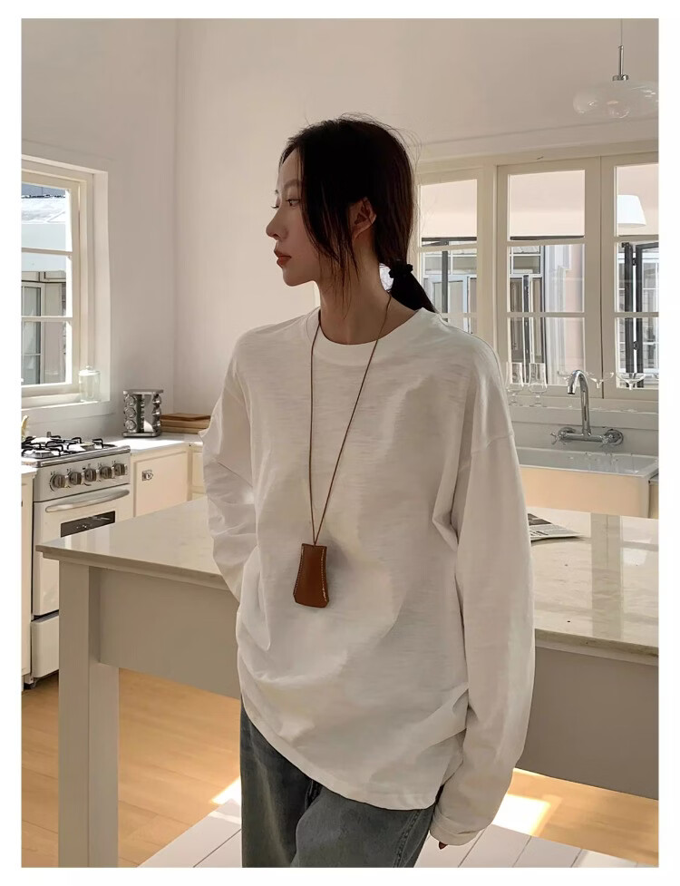 ICH MODE "Versatile King" Bamboo Cotton White Long Sleeve T-Shirt Women Loose Pullover Solid Color Base Shirt White XL 5