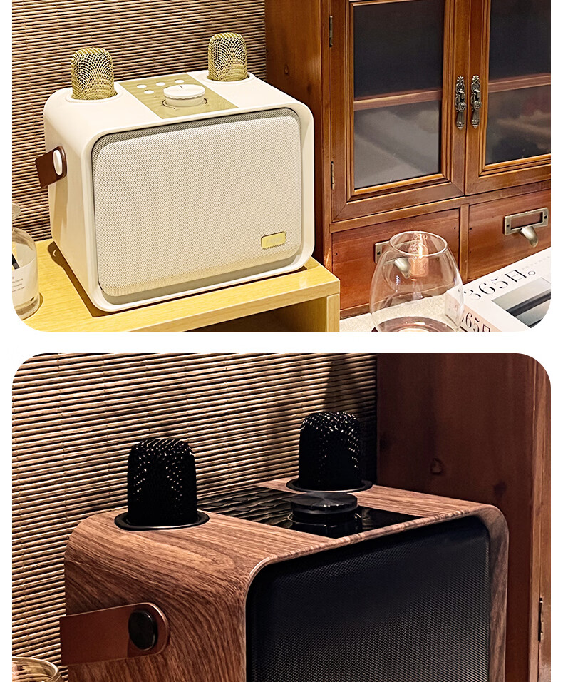 IKF M1 Wireless Karaoke Microphone Speaker All-in-One Home KTV Outdoor Bluetooth Speaker Wood Grain Brown 25