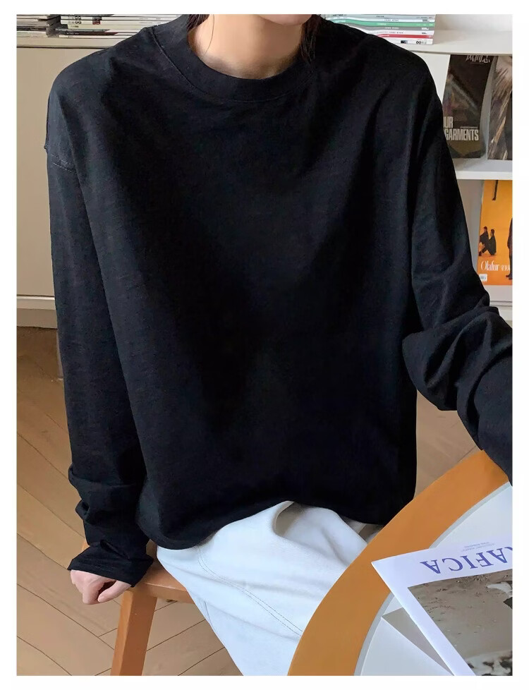 ICH MODE "Versatile King" Bamboo Cotton White Long Sleeve T-Shirt Women Loose Pullover Solid Color Base Shirt White XL 17