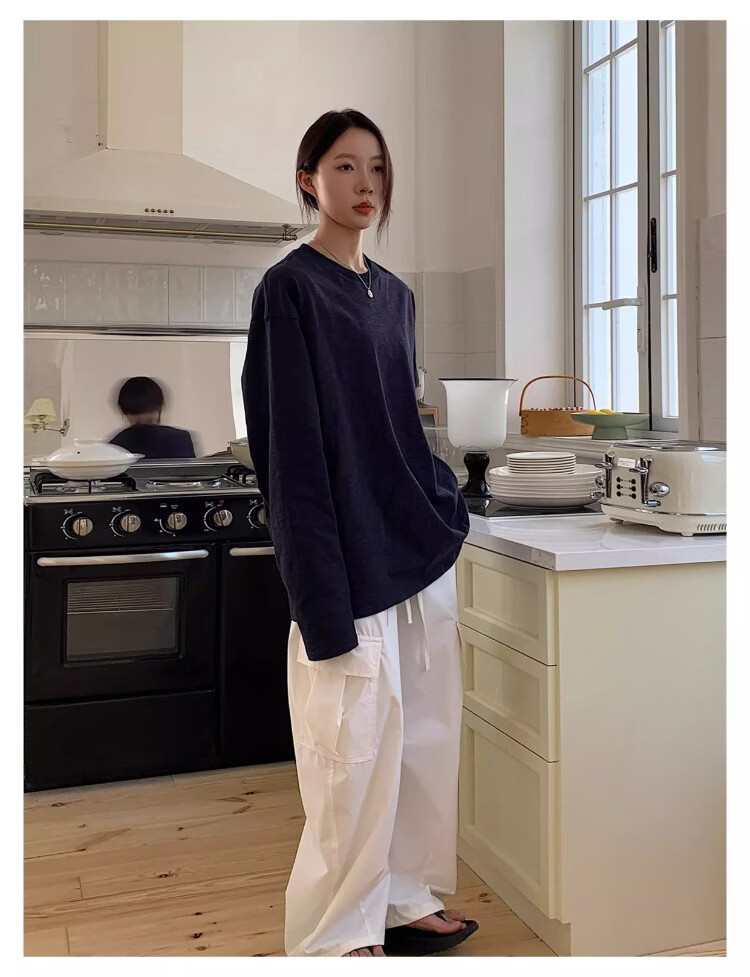 ICH MODE "Versatile King" Bamboo Cotton White Long Sleeve T-Shirt Women Loose Pullover Solid Color Base Shirt White XL 13