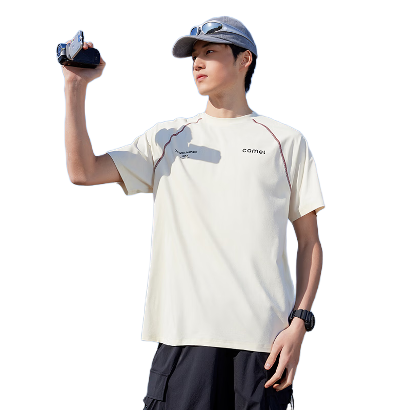 CAMEL Men's Sports Casual T-Shirt Round Neck Short Sleeve Quick-Dry Running Top C16BAYL6056 Oatmeal L