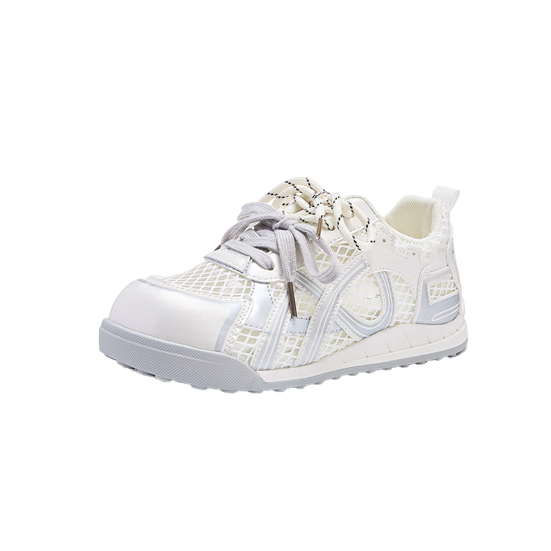 Semir Women's Summer New Breathable Mesh White Sneakers Sports Casual Shoes SFYM253053 Beige Silver 37