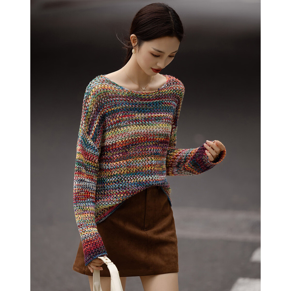 Demana Fluffy 100% Cotton Spring Lazy Style Off-Shoulder Gradient Hollow Slim Knit Sweater for Women Premium Feel 7