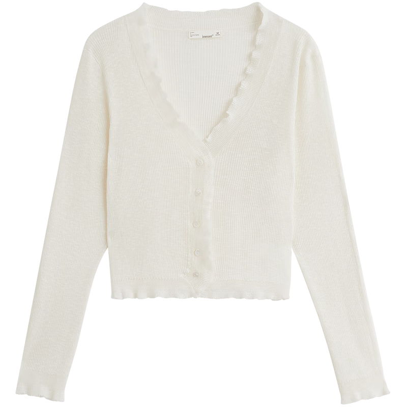 Inman Lotus Leaf V-Neck Lightweight Knit Cardigan Slim Fit Long Sleeve Top Vacation Style