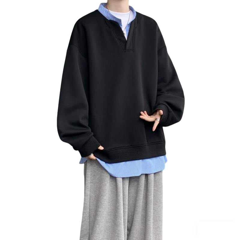 Dingfengbaoluo Sweatshirt, Faux Two-Piece Design, Spring Men's Fashion Casual Loose V-Neck Top, TID02 Black 2XL