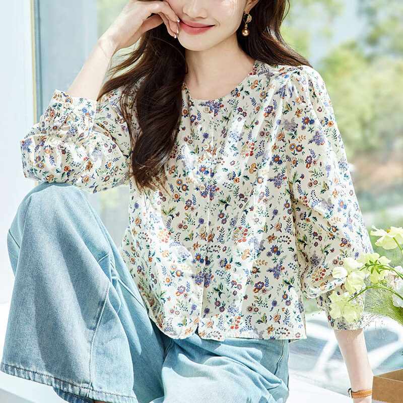 AOTUN Women's Long Sleeve Floral Shirt 2026 Spring Loose Casual Round Neck Blouse 47026 Image Color 2XL