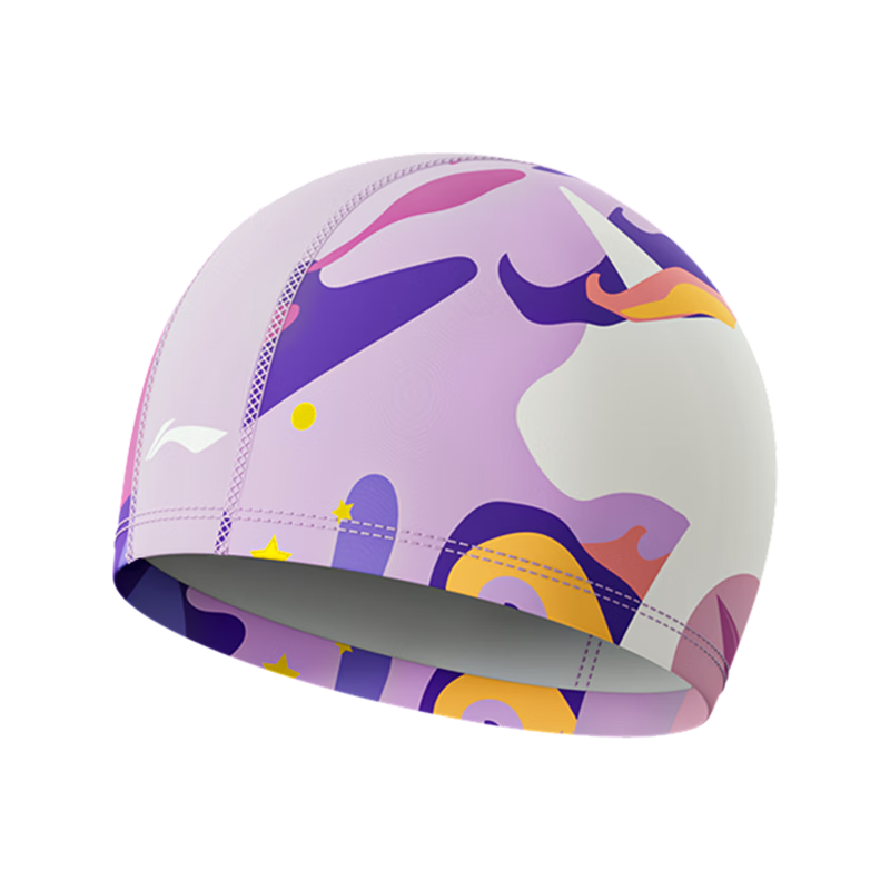 LI-NING Children's Comfortable Fabric Swimming Cap with Ear Protection, Non-Tight Printed Swim Cap 6401 Light Purple