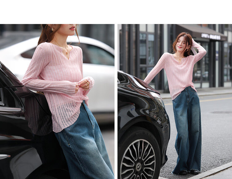 Mt [Oxygen-Permeable Texture] Spring Soft Low-Saturation V-Neck Lightweight Knit Top for Petite Women 11