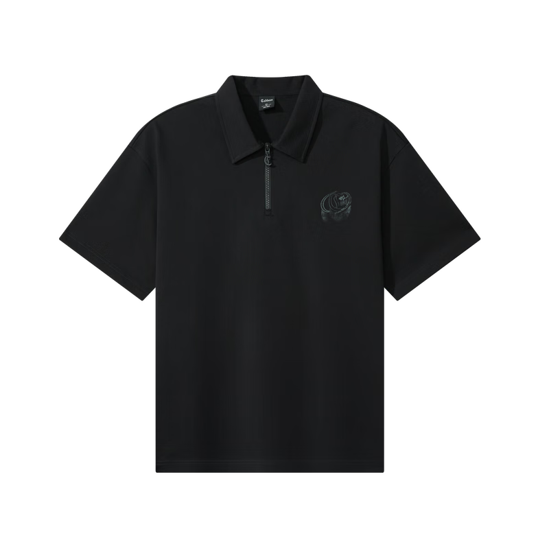 CABBEEN Pure Cotton Semi-Bleached Plain Half-Zip Polo Shirt Men Vintage Street Print Summer Short Sleeve Breathable Polo Shirt