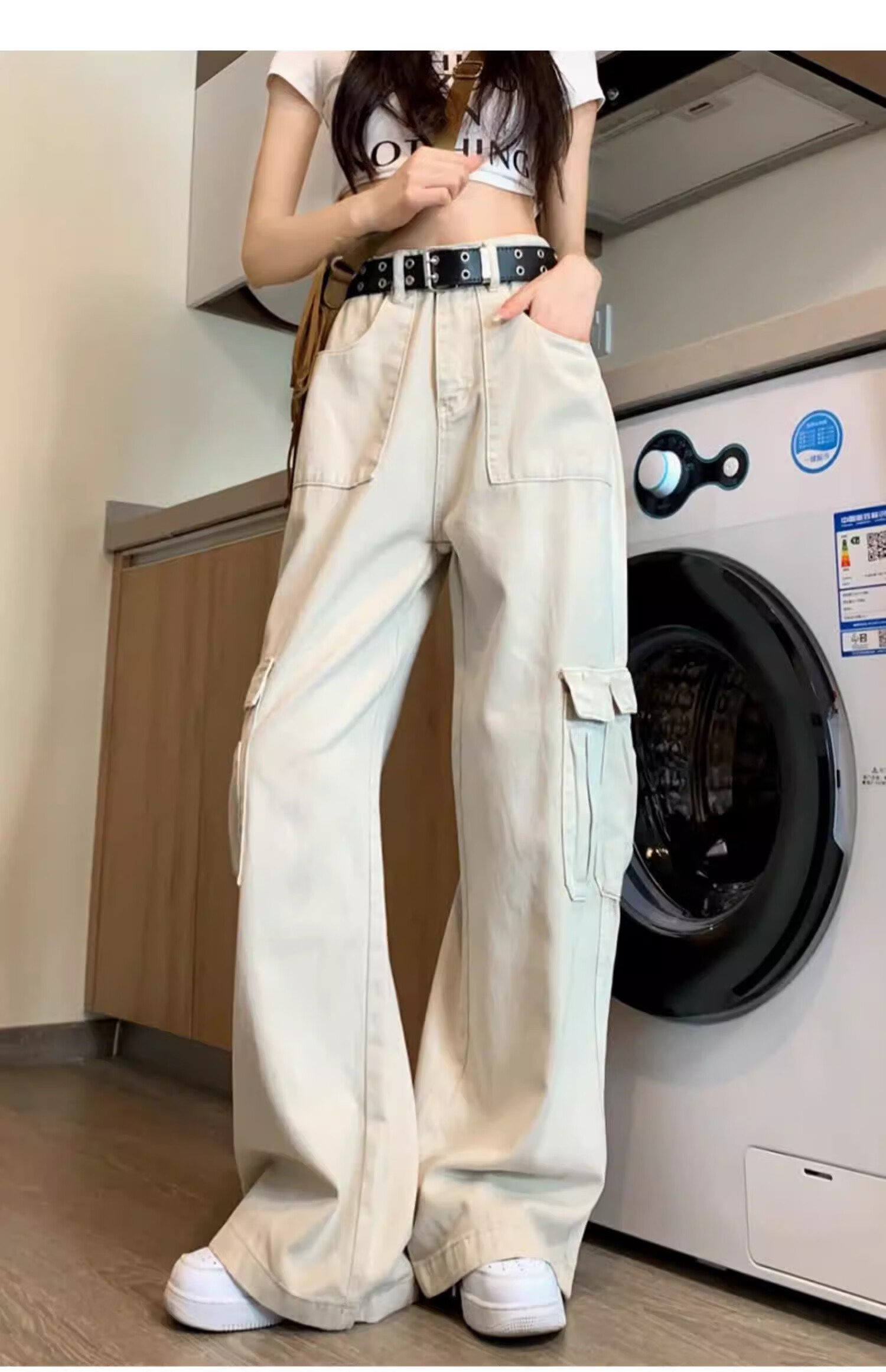Langsha Women's Jeans 2026 New High-Waist Slim American Workwear White Straight-Leg Wide-Leg Pants for Petite 9