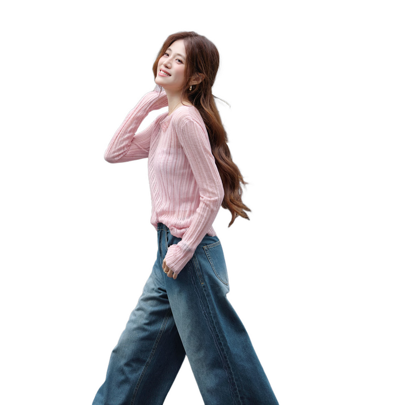 Mt [Oxygen-Permeable Texture] Spring Soft Low-Saturation V-Neck Lightweight Knit Top for Petite Women