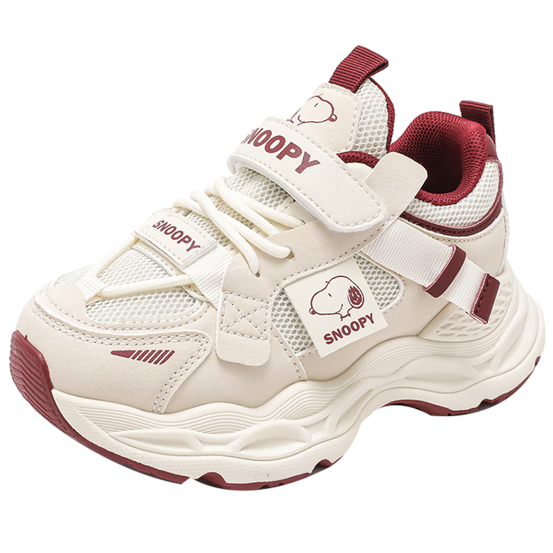 SNOOPY Kids Casual Sports Shoes Spring Autumn Boys Velcro Running Shoes Girls Dad Sneakers 0032 Rice Wine Red Size 33