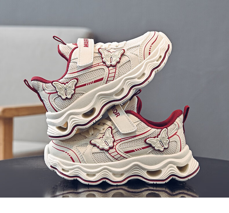 Warrior Spring-Autumn Girls' Versatile Dad Sneakers Breathable Mesh Casual Sports Shoes WZ-2201 Rice Wine Red Size 31 11