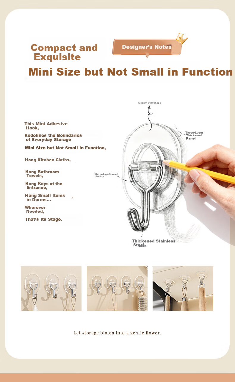 Baicaoyuan Strong Adhesive Hook Stainless Steel No-Drill Heavy Duty Transparent Wall-Mounted Hook for Dormitory Kitchen Bathroom 4