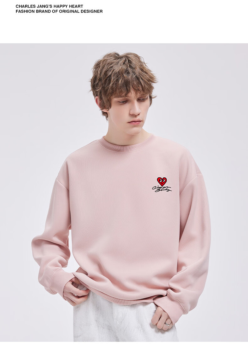 Charles Heart Sweatshirt Unisex Couple Casual Crewneck Love Heart Print Loose Fit Youth Simple Top Khaki 2XL 5