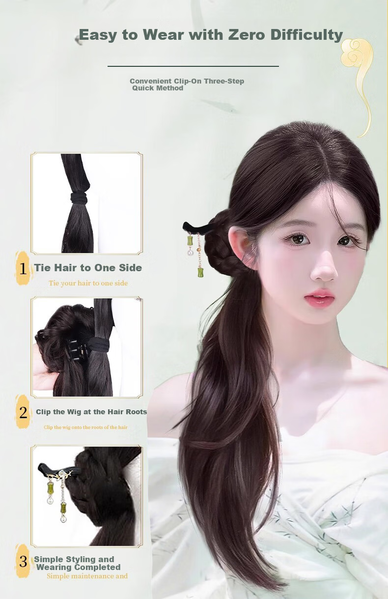 Morning Color New Chinese Style Braided Ponytail Wig for Women Lightweight National Style Ponytail Wig with Hair Clip Ancient Style Hanfu Qipao Braided Side Ponytail 3