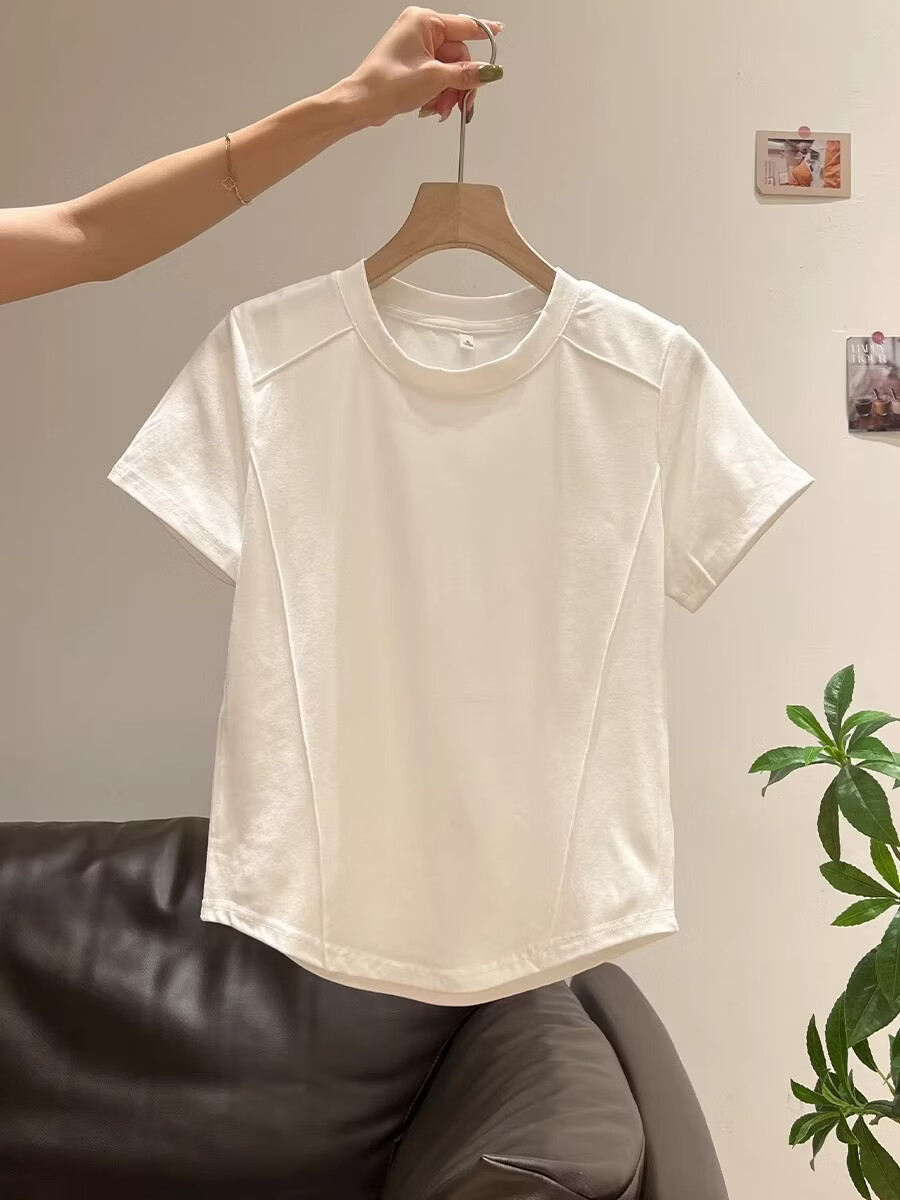 Shuangxing Women's Short Sleeve T-Shirt Summer Round Neck Irregular Hem Slim Fit Inner Wear White L 4