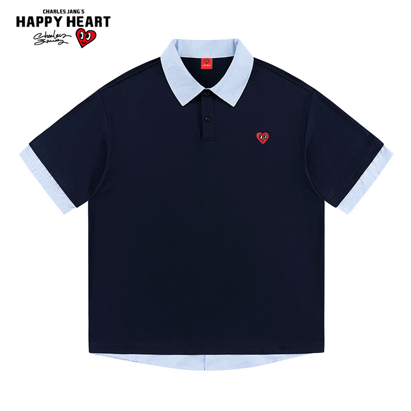 Charles Heart American Style Trendy Two-in-One Small Heart Pure Cotton Couple Casual Short Sleeve Polo Shirt Navy Blue L Men Women
