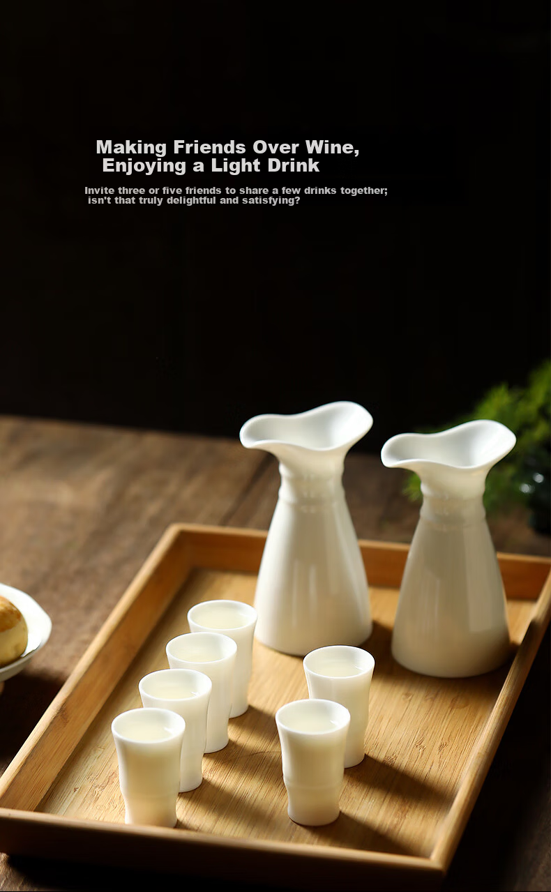 SUSHI CERAMICS Mutton Fat Jade Porcelain Liquor Set Decanter White Wine Cups 2 Pots 6 Cups Huachu Jade Porcelain Gold-Trimmed Housewarming Gift 6