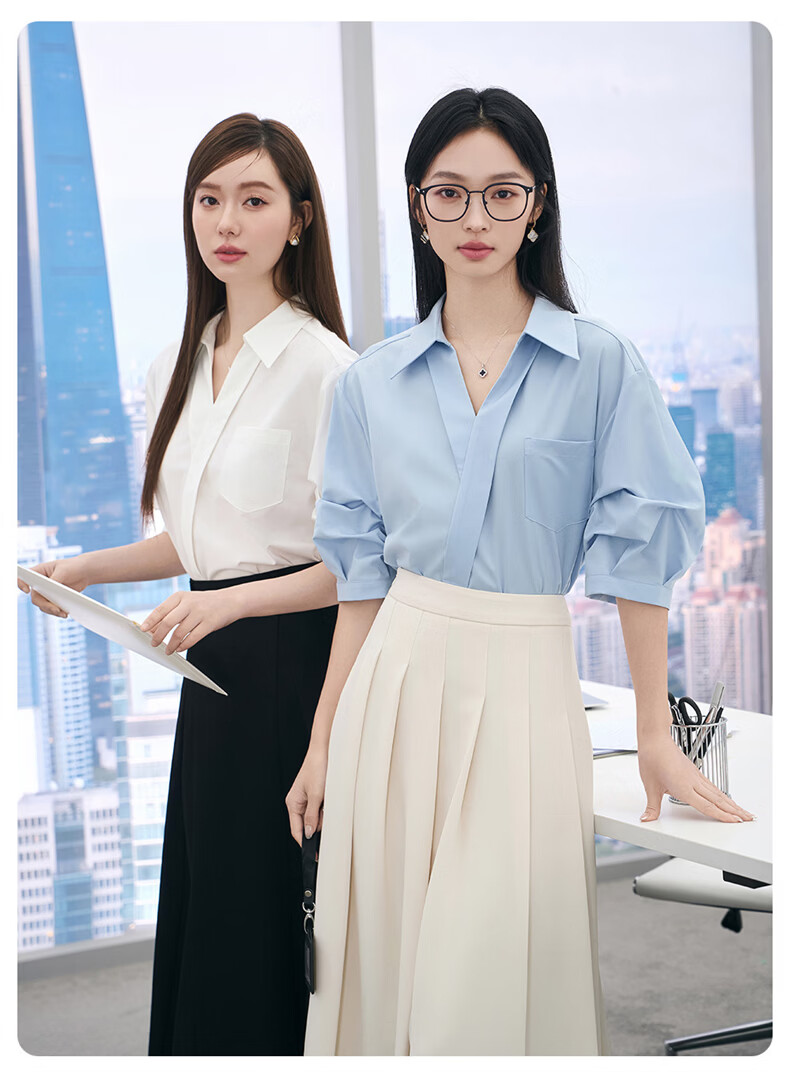 Jeanswest Women's Summer V-Neck French Style OL High-End Inner Wear Commuting Professional White Short Sleeve Shirt L 10