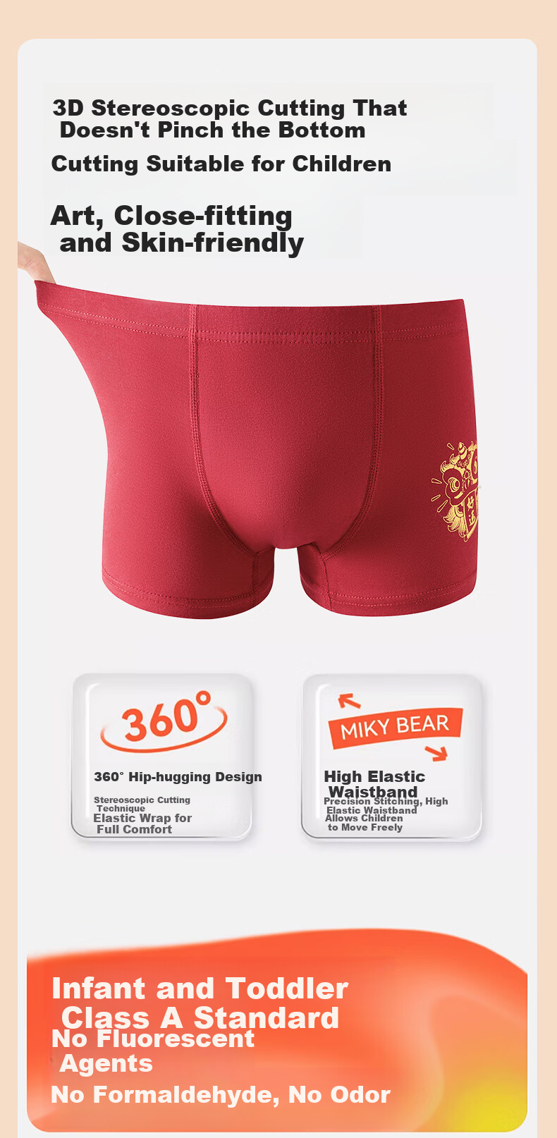 Hodo Children's Underwear Boys' Lucky Red New Year Solid Color Boxer Shorts Yuanbao Bear 110 13