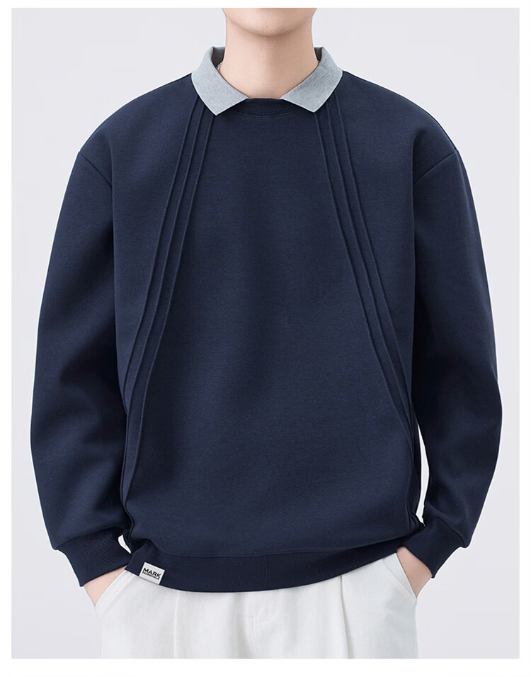 MARK FAIRWHALE Men's Sweatshirt Spring and Autumn Loose Casual Two-in-One Long Sleeve T-Shirt Men's Trendy Jacket Navy Blue XL 1