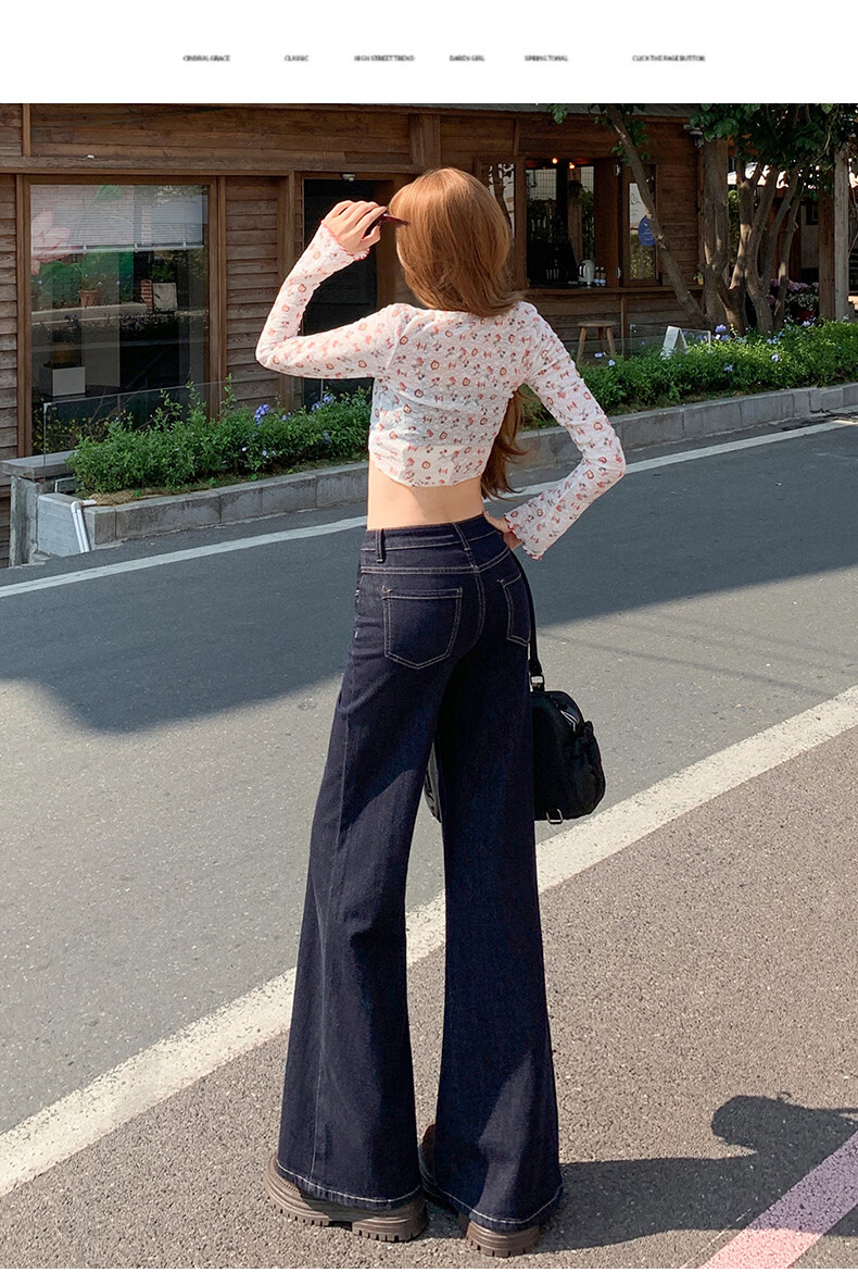 Jeanswest Women's Summer High-Waist Slimming Wide-Leg Casual Flowy Bootcut Jeans Dark Blue 2XL 24