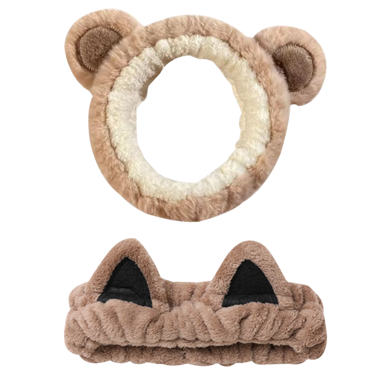 Chense Hair Ties Set of 2, Cartoon Plush Face-Washing Non-Slip Hair Bands [Coffee Bear + Coffee-Colored Cat Ears]