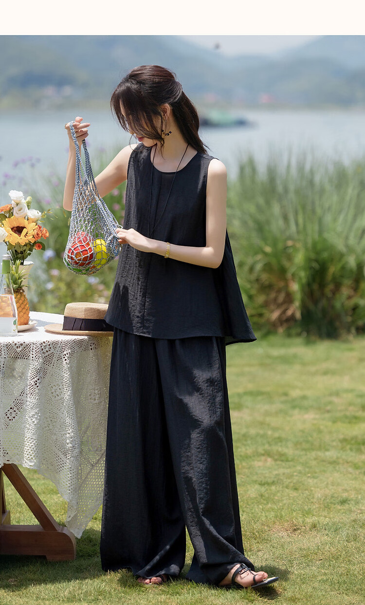 Demana [Simple Heart] Summer Cool Sensation Artistic Style Set Sleeveless Top Elastic Waist Casual Pants Two-Piece Set for Women 22
