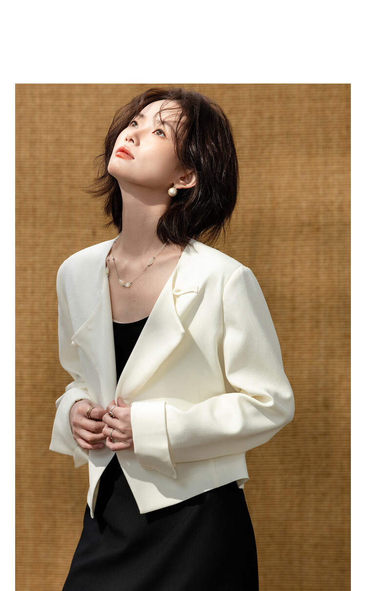 Demana Cream Mousse Spring Gentle Atmosphere Asymmetric Collar Button Design Short Petite Women's Jacket 11