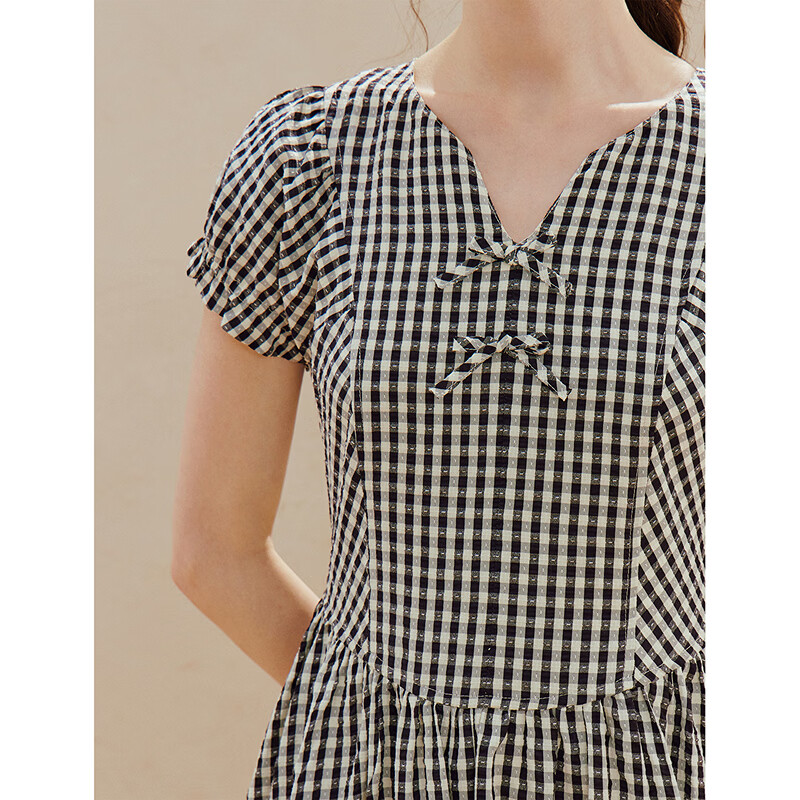 INMAN Plaid Bowknot V-Neck Puff Sleeve Dress 26 Summer New Women's Tie Waist Long Dress Black and White Check S
